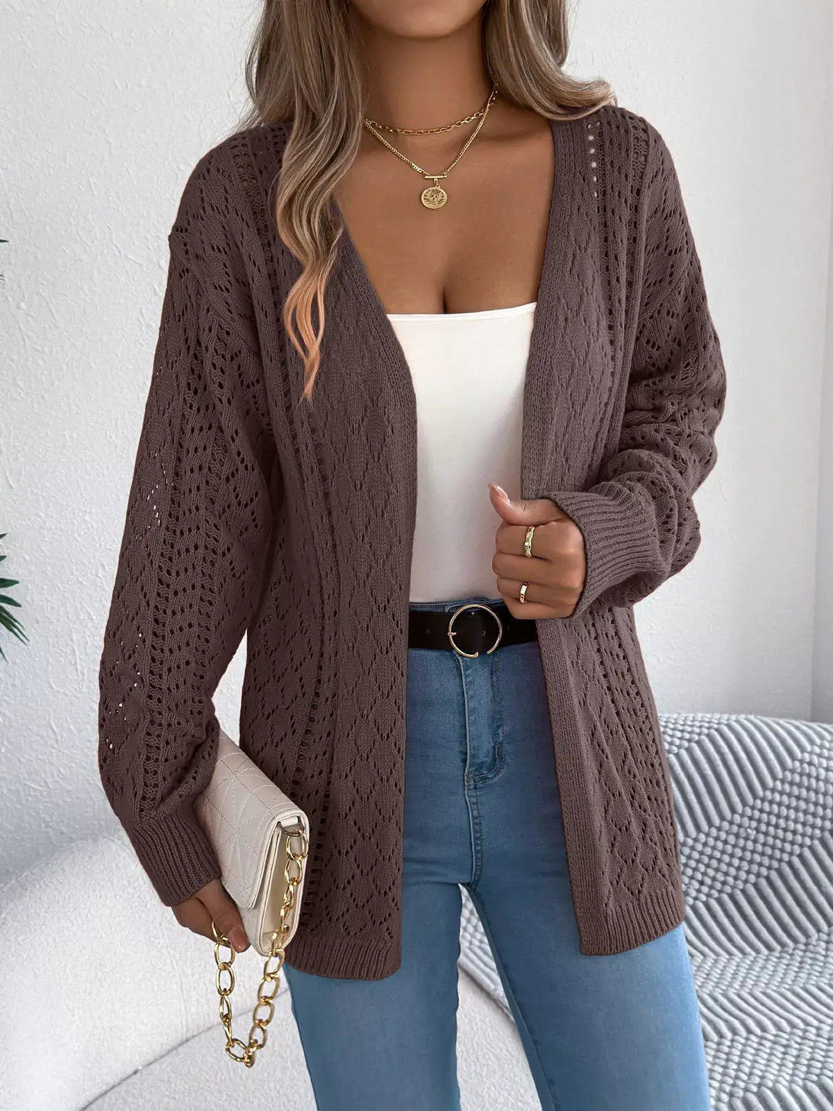 Openwork long-sleeve cardigan for women in brown knit, open-front stretch knit.