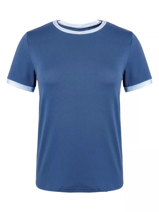 Casual Contrast Trim Short Sleeve T-Shirt in blue with light blue collar and cuffs, Trendsi