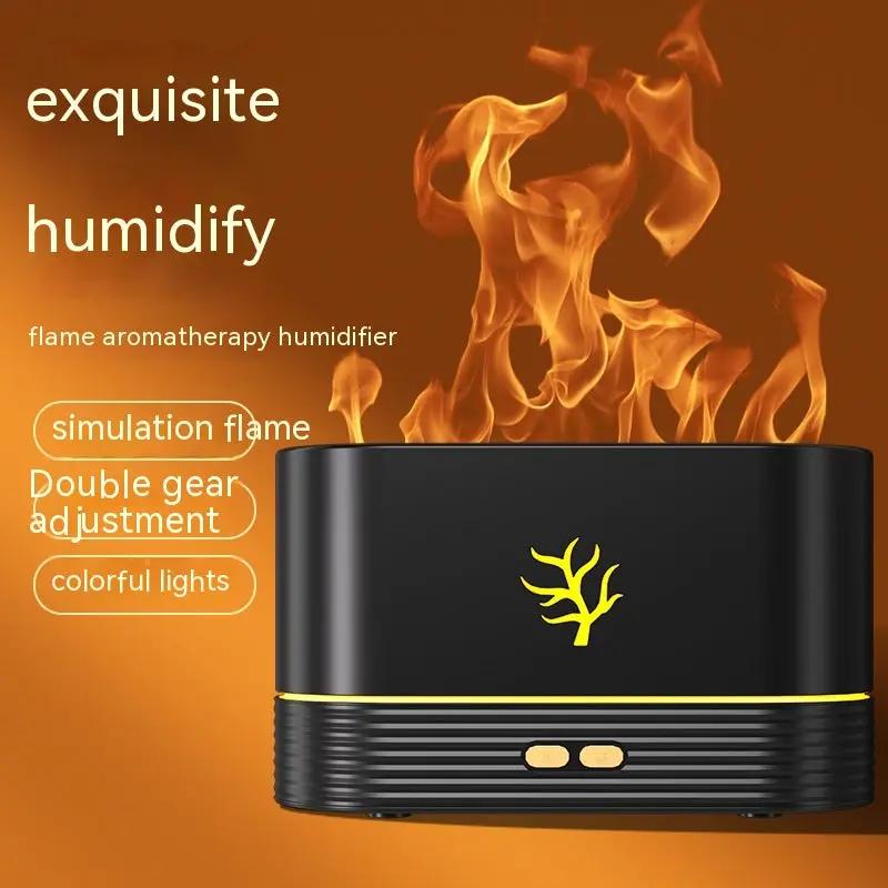 Flame humidifier USB aroma diffuser by AdTec with LED lights and simulated flame, black home decor night lamp