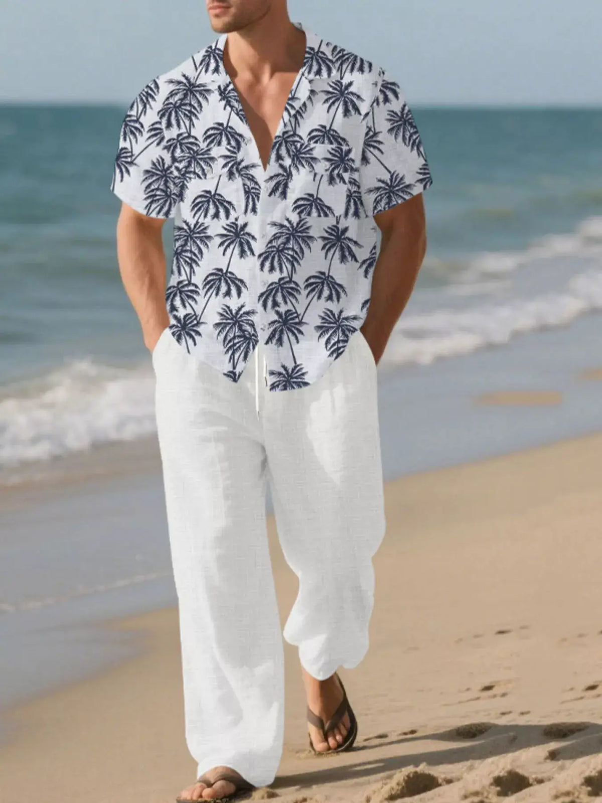 Trendsi men's plus-size tropical palm print button-up shirt and pants 2-piece set, white with navy palm pattern
