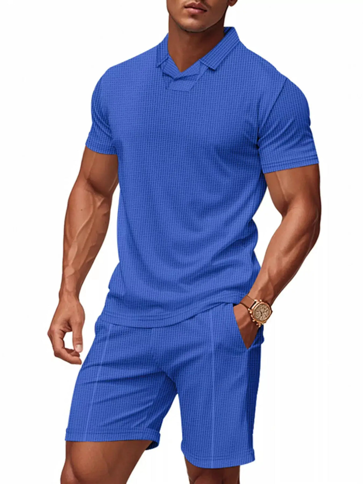 Men's blue textured polo and shorts set with pockets by Trendsi
