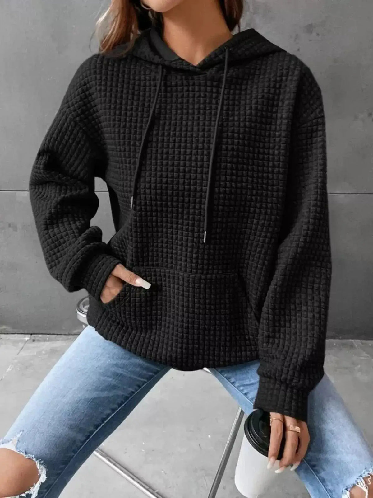 Full Size Textured Kangaroo Pocket Hoodie Plus Size in black with drawstrings