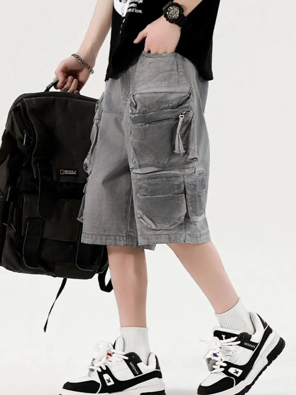 Men's Wide Leg Cargo Denim Shorts in gray with stretch cotton and multiple pockets