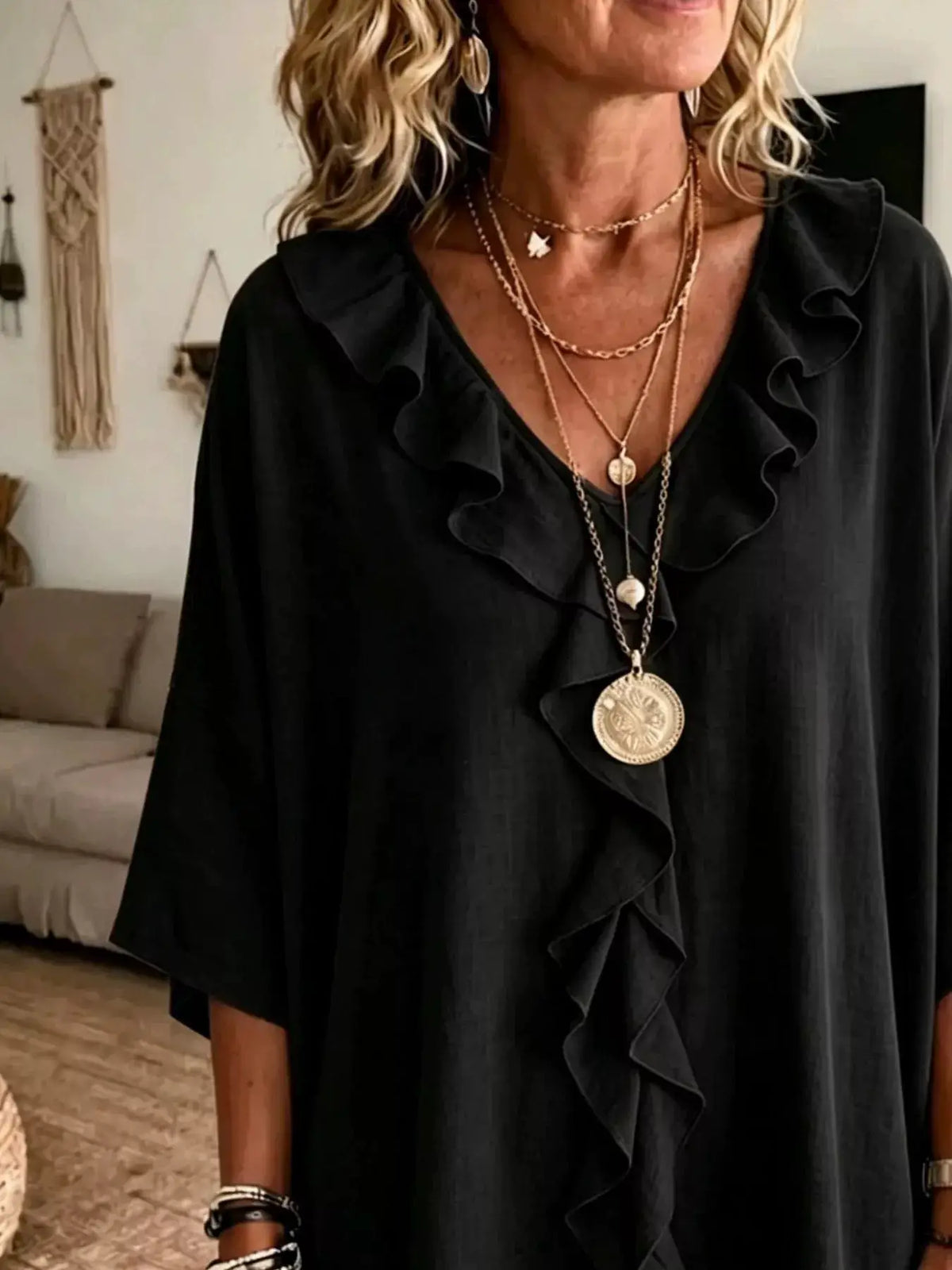 Full-Size Ruffle V-Neck 3/4 Sleeve Blouse, plus-size black by Trendsi