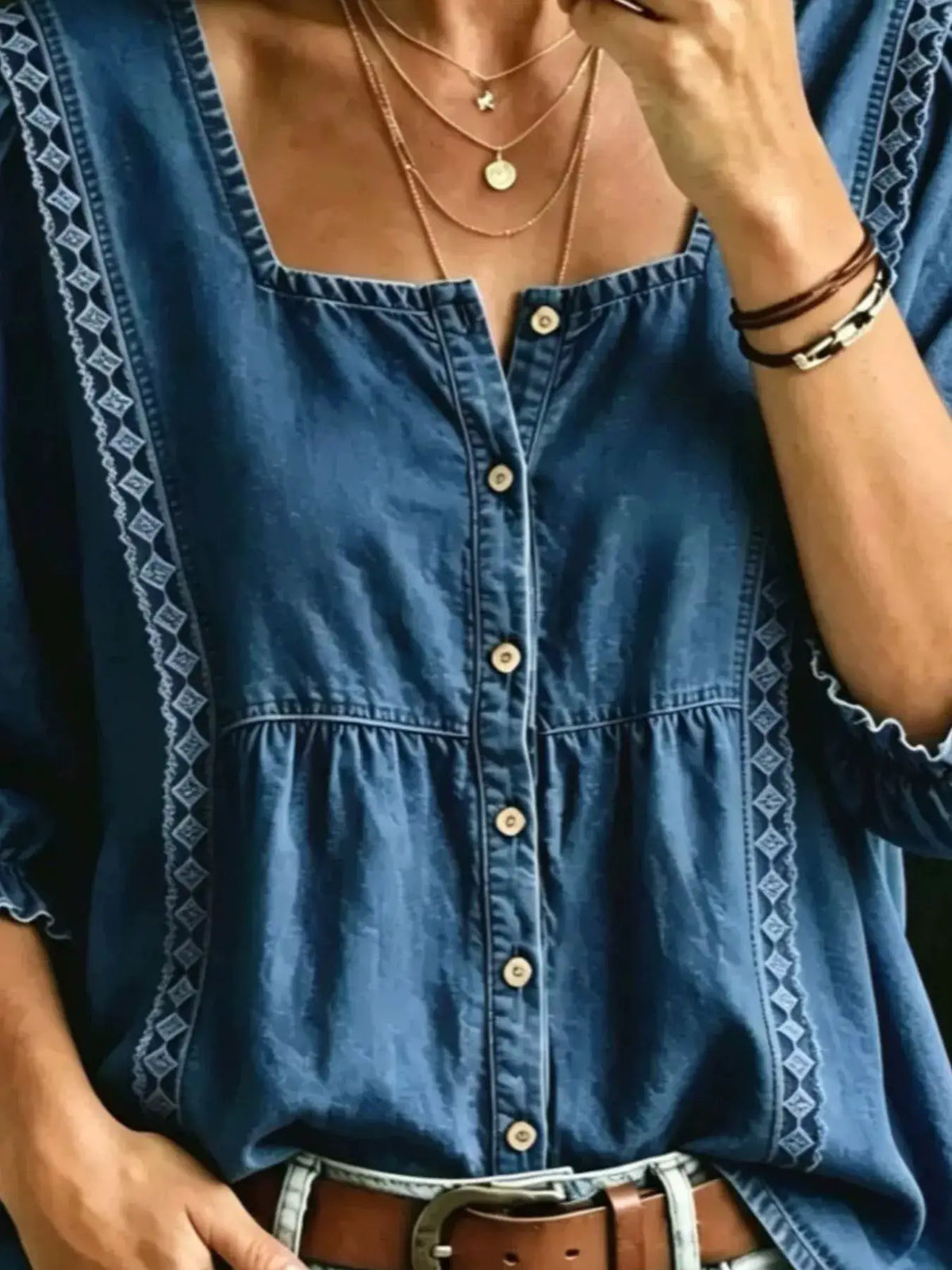 Plus size square-neck denim shirt with button-down front and ruffle detail in indigo blue