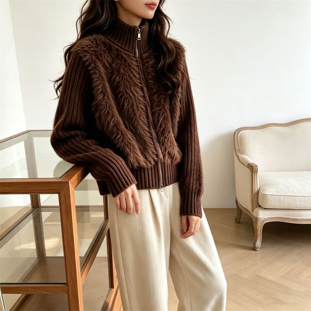 Cardigan by eprolo; brown double-zip stand-collar long-sleeve knit with faux-fur front