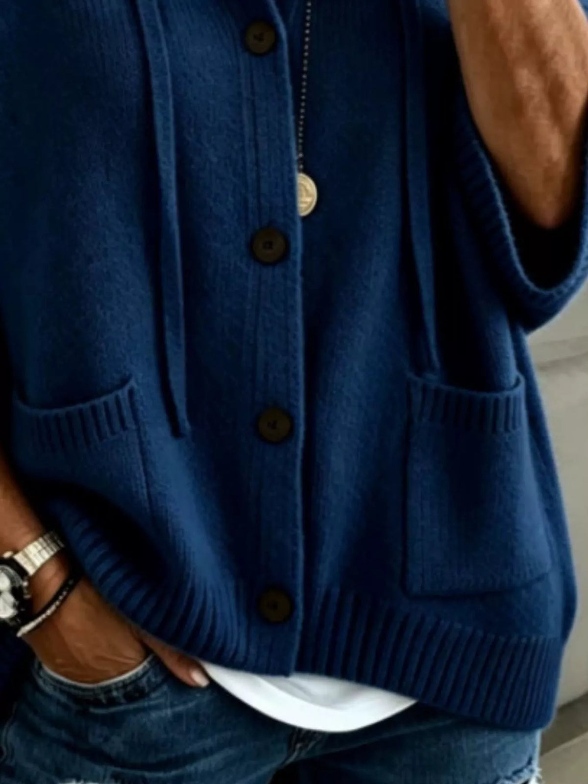 Full Size Casual Hooded Button-Down Knit Cardigan in navy blue by Trendsi with front pockets