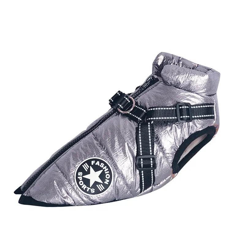 Dog winter jacket for large dogs, metallic silver coat with black strap buckles and star patch