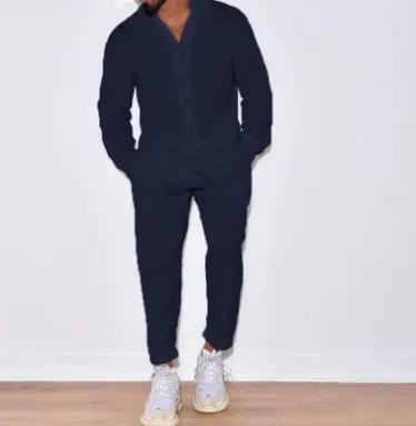 Men's summer linen two-piece casual outfit with shirt and pants in navy