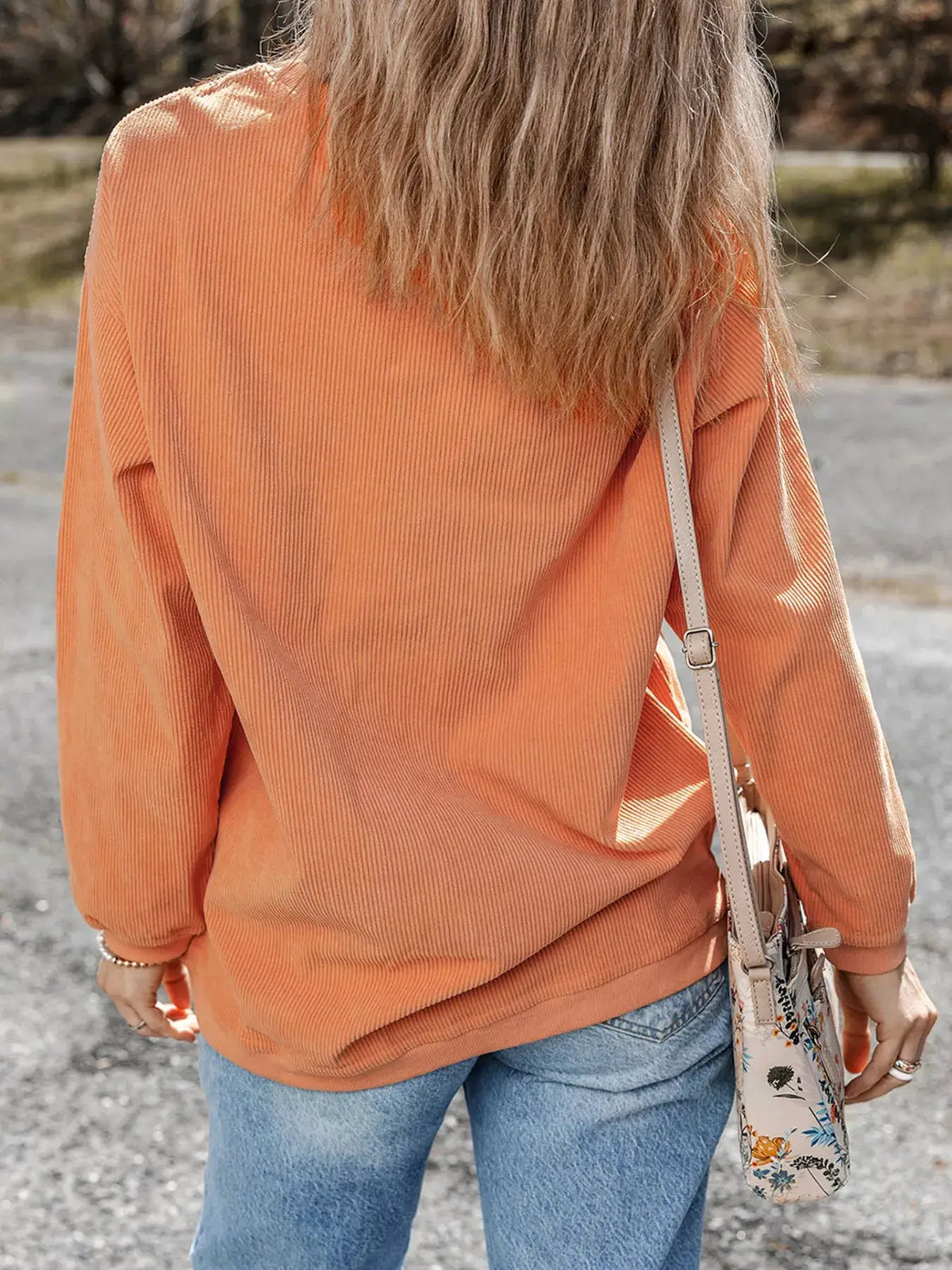 Halloween Leopard Pumpkin Patchwork Ribbed Sweatshirt in orange, back view