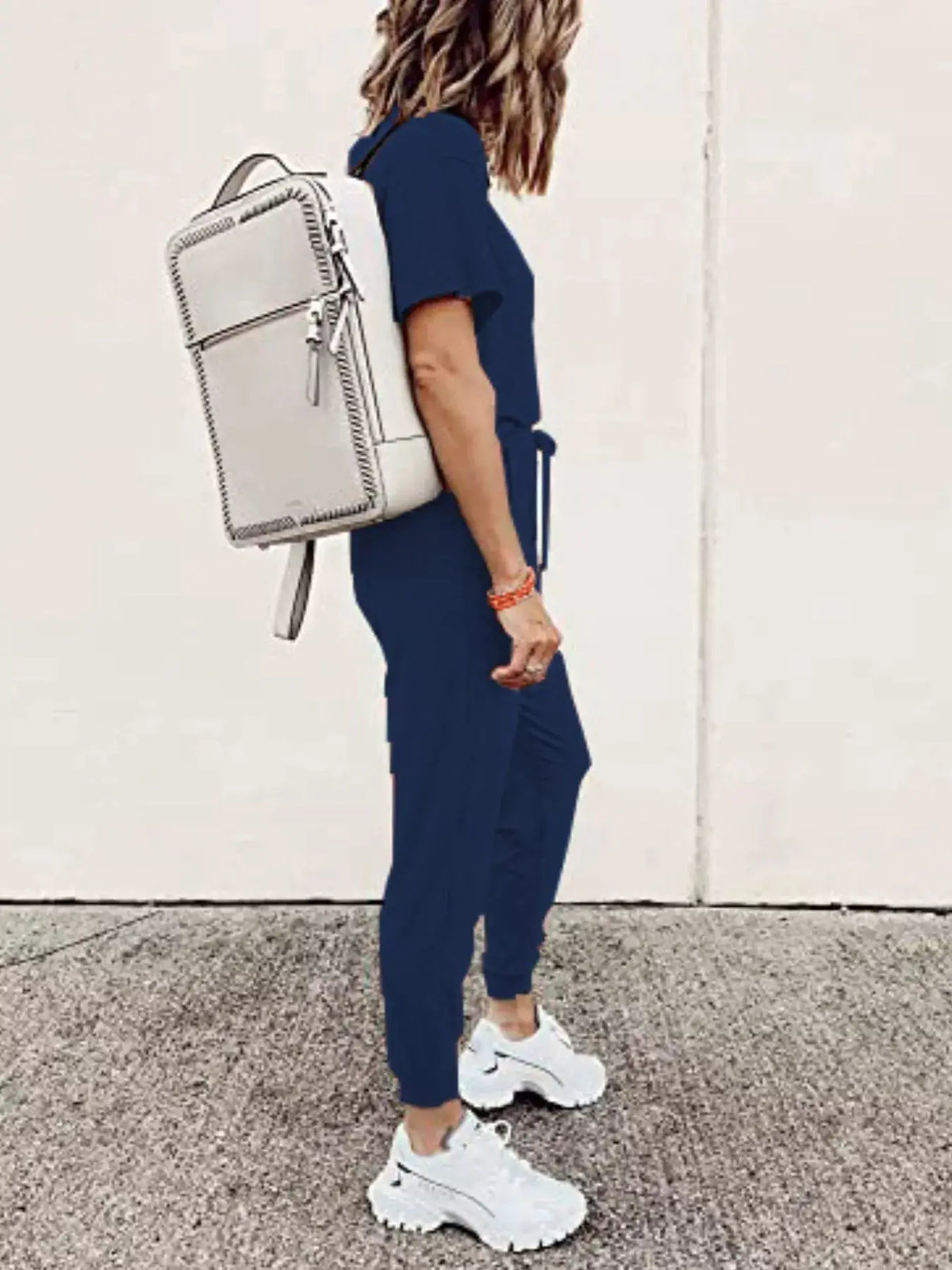 Full Size Round Neck Top and Drawstring Pants Set Plus Size in navy by Trendsi