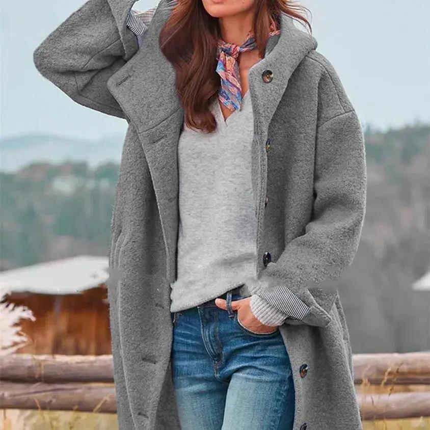 AdTec women's heavy tweed winter coat, gray, button-front long overcoat