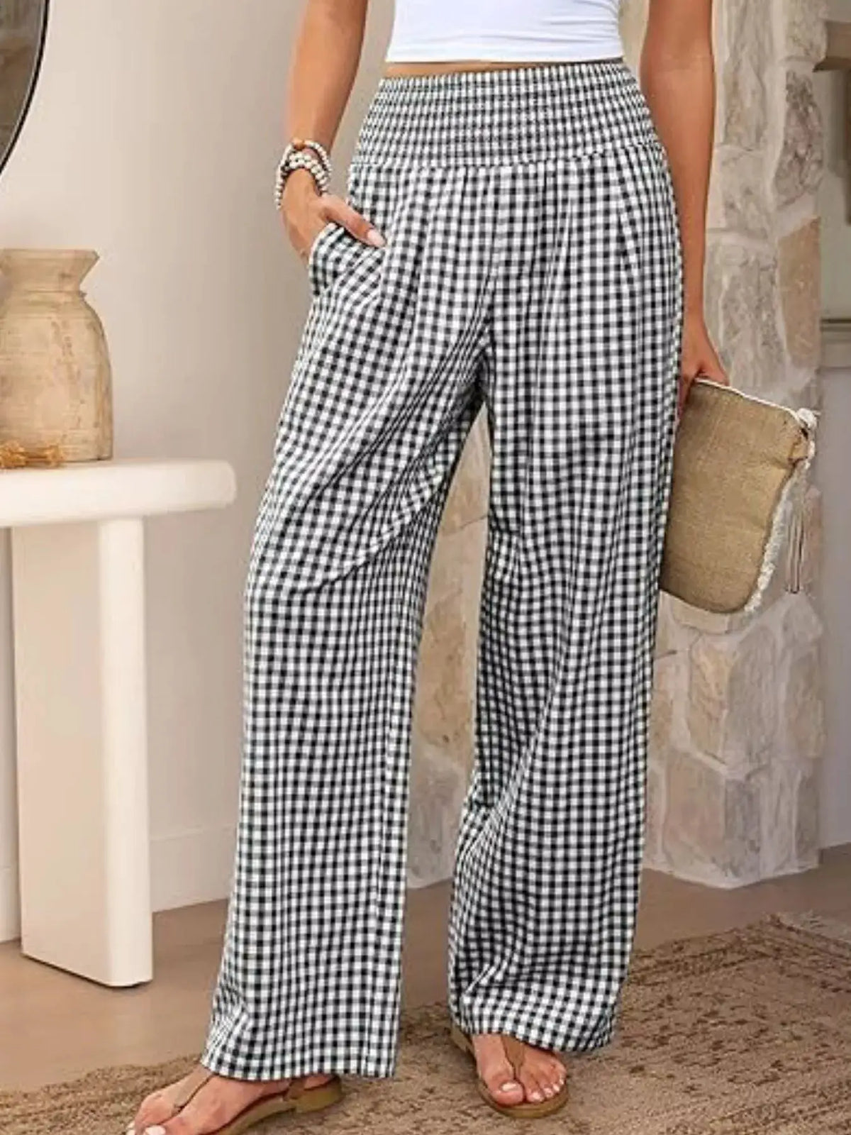 Gingham wide-leg pants by Trendsi, black-and-white check trousers with pockets.