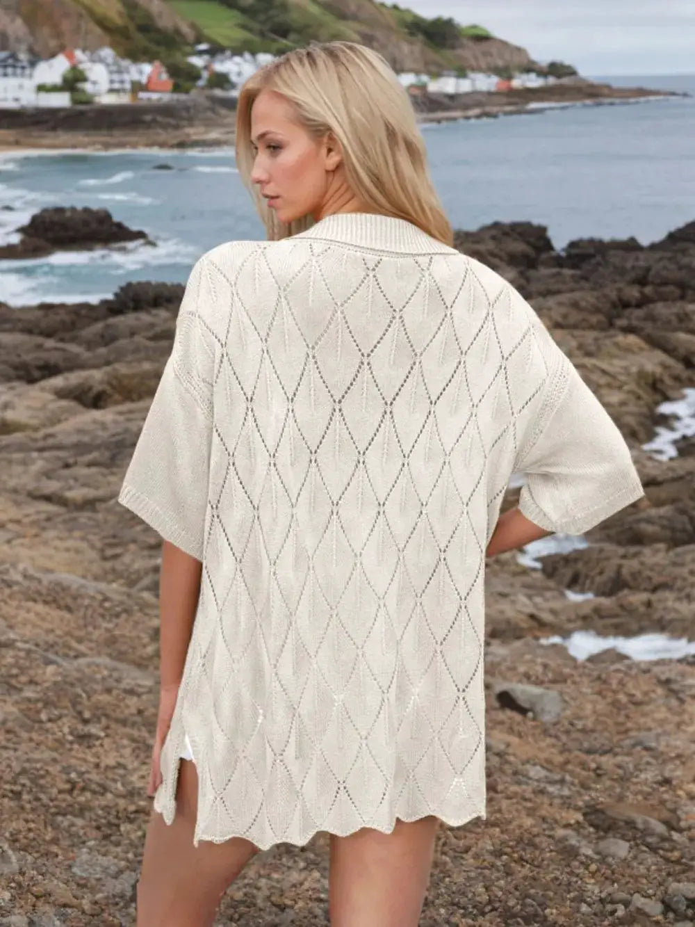 Womens cream eyelet knit shirt with diamond lattice pattern, back view