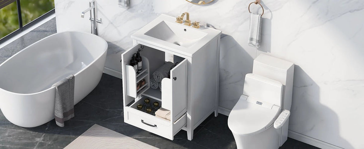 24" Bathroom Vanity with Sink, Bathroom Vanity Cabinet with One Drawer and Doors, Solid Wood and MDF, White by eprolo