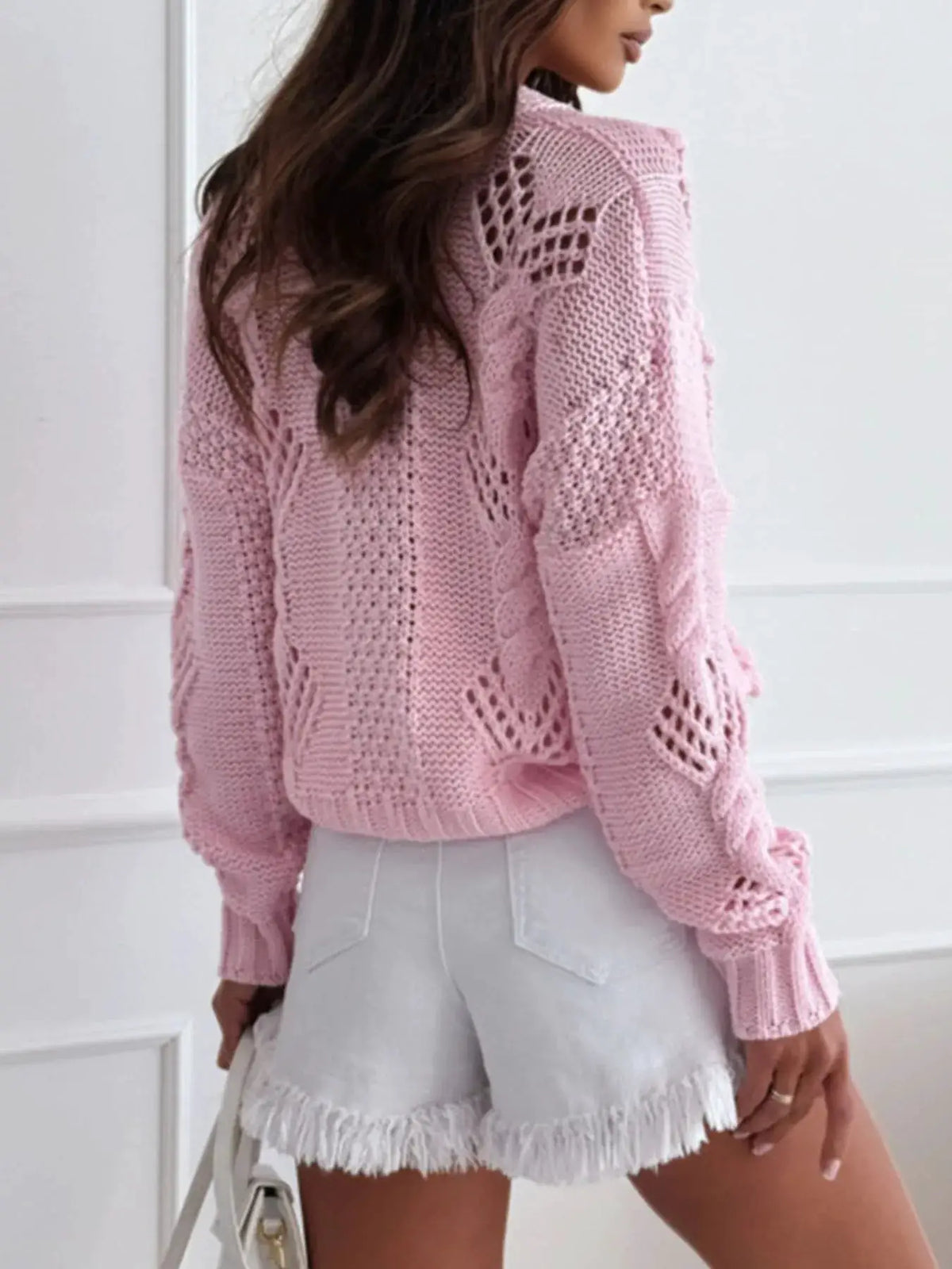 Pink button-up openwork knit cardigan, polyester fabric