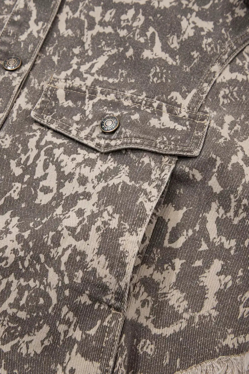 Abstract Print Long Sleeve Denim Jacket in gray-beige with raw hem and metal buttons