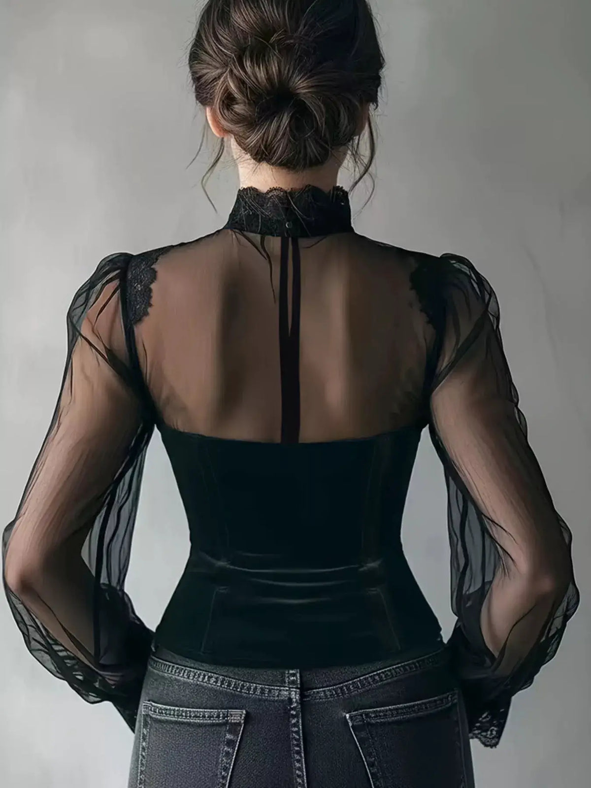 Lace Trim Velvet Sheer Sleeve Blouse by Trendsi; black velvet top with sheer lace sleeves, back view