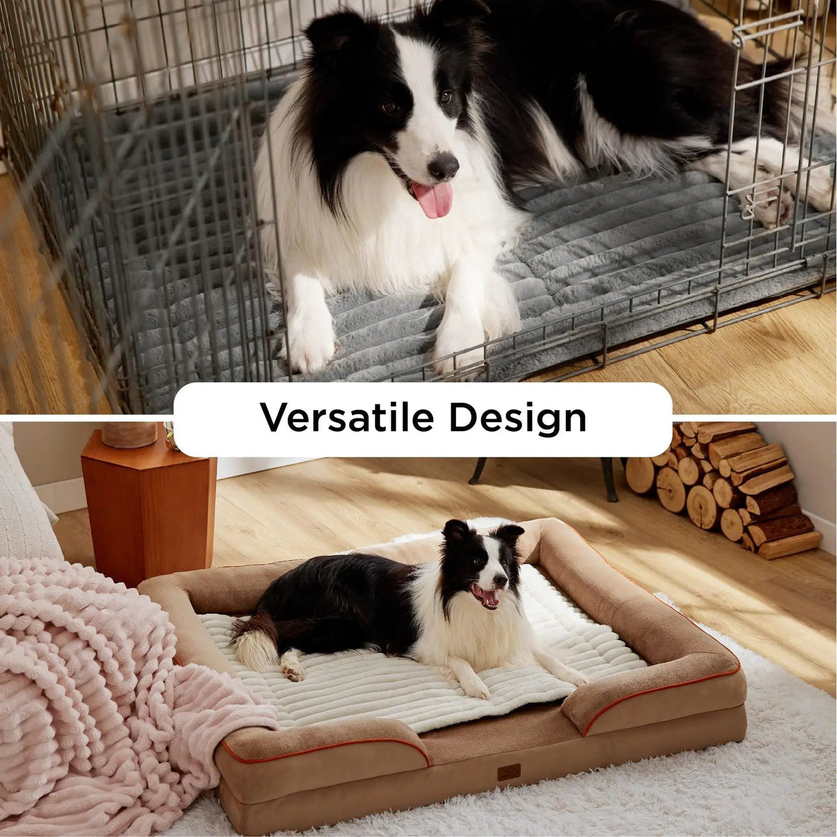 Self-Warming Pet Mat in gray corduroy fleece; thick padded dog bed inside a metal crate.