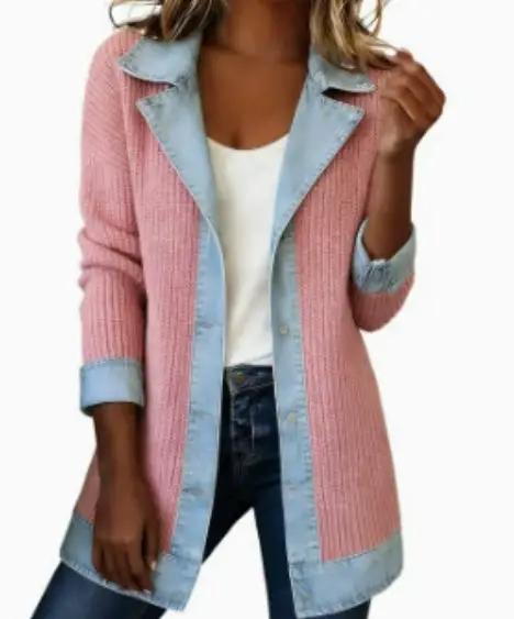 Women's patchwork denim jacket with pink knit body and light-blue denim patches; breathable lightweight topwear