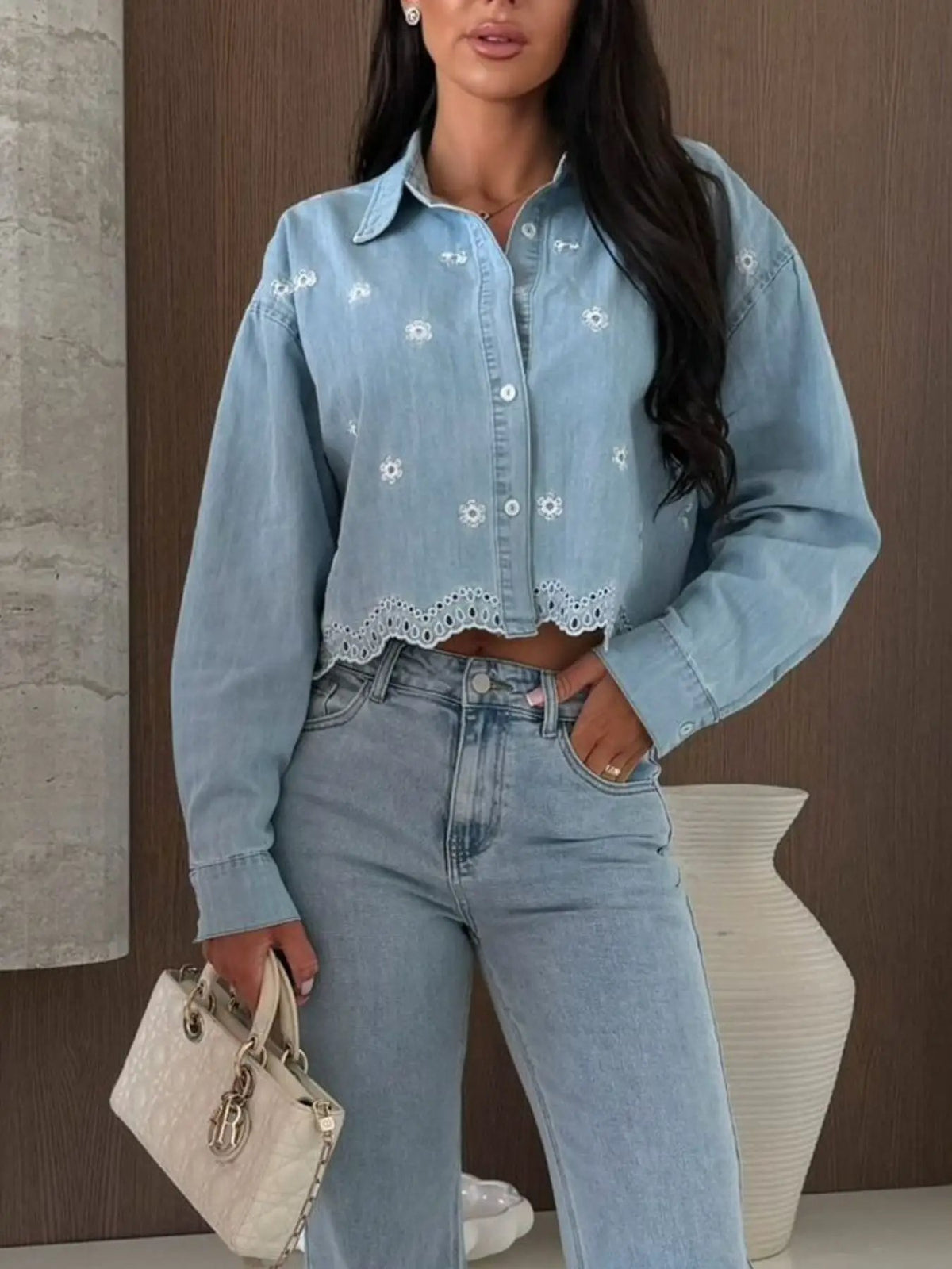 Embroidered cropped denim shirt in light blue with white floral embroidery and scalloped hem