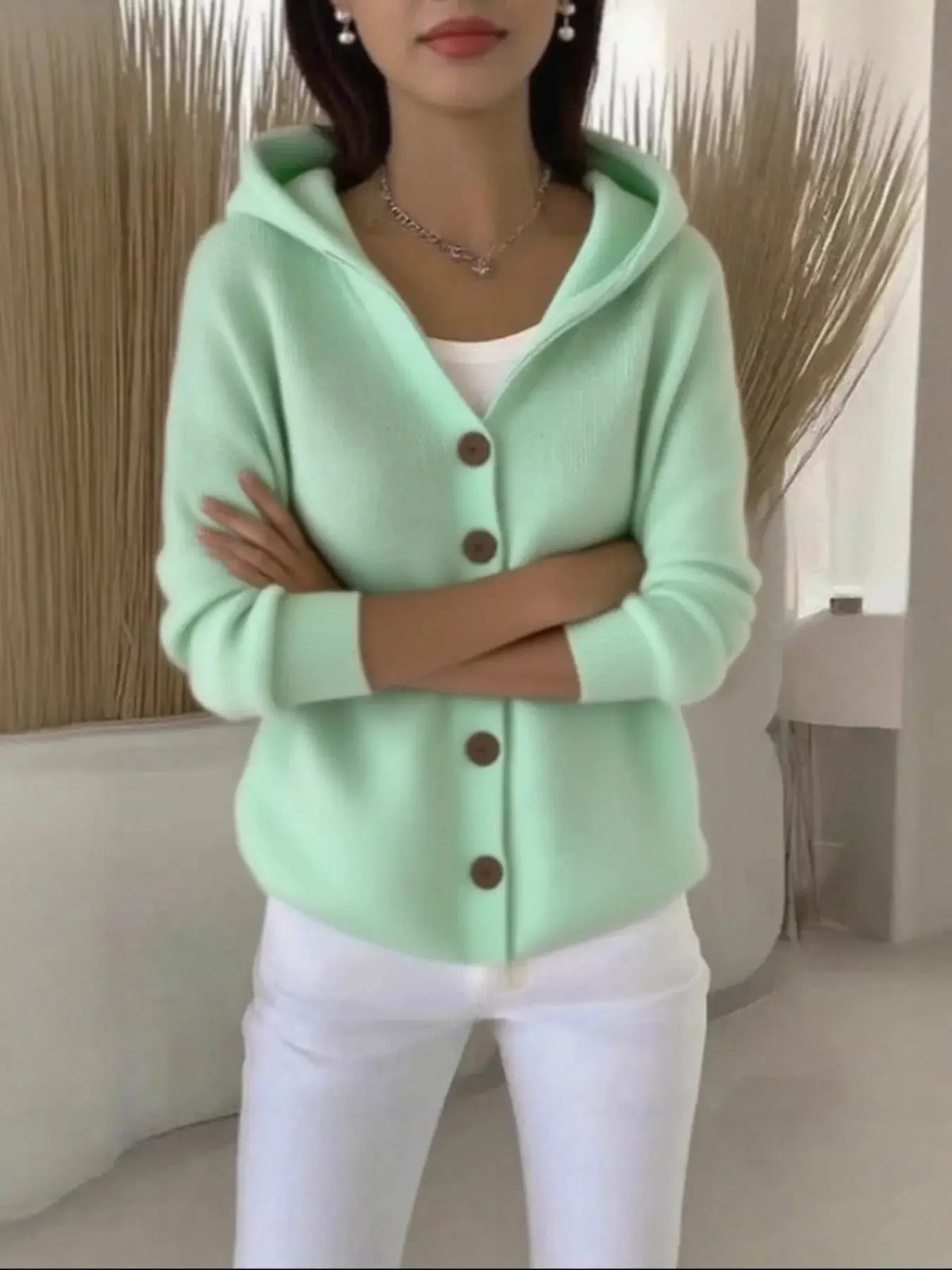 Plus Size Hooded Button Front Soft Knit Cardigan for Women, mint green with brown buttons.