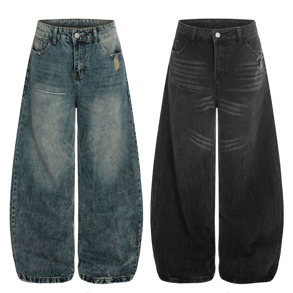 Jean large distressed à moustaches de chat, silhouette ample, coupe droite, polyvalent, longueur sol