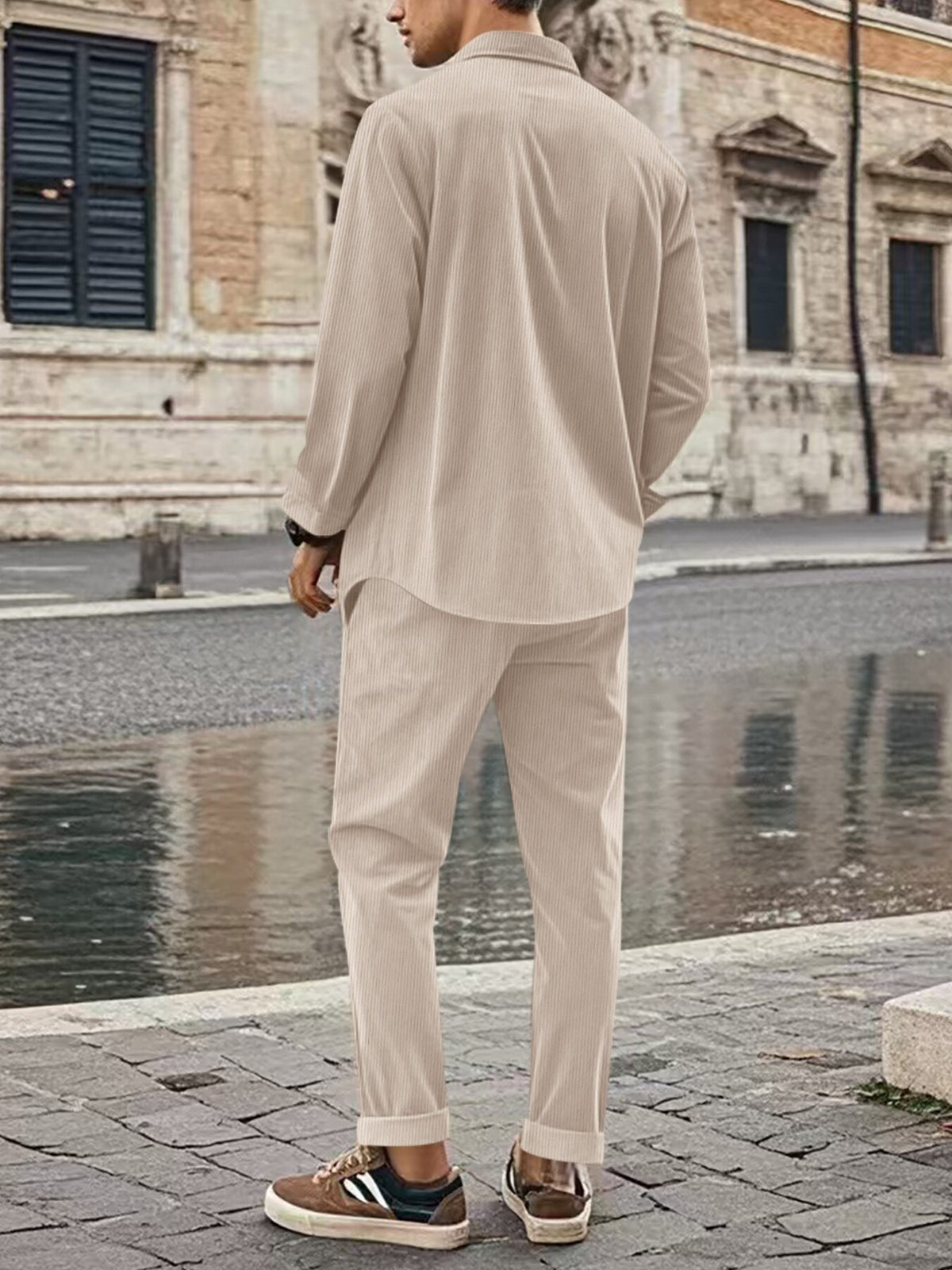 Men's full-size button-up long-sleeve shirt and pants set, beige corduroy, plus size