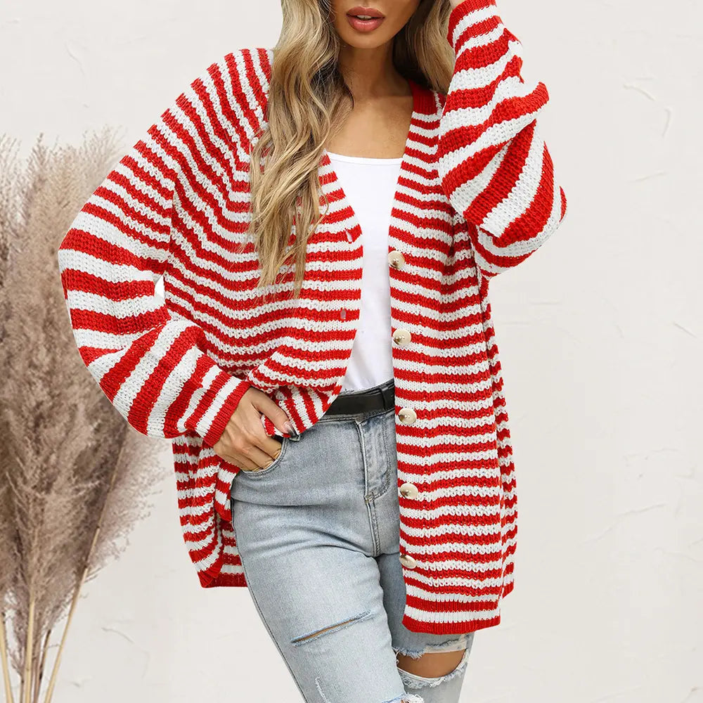Premium striped button-front cardigan in red and white, long sleeves, soft stretchy knit