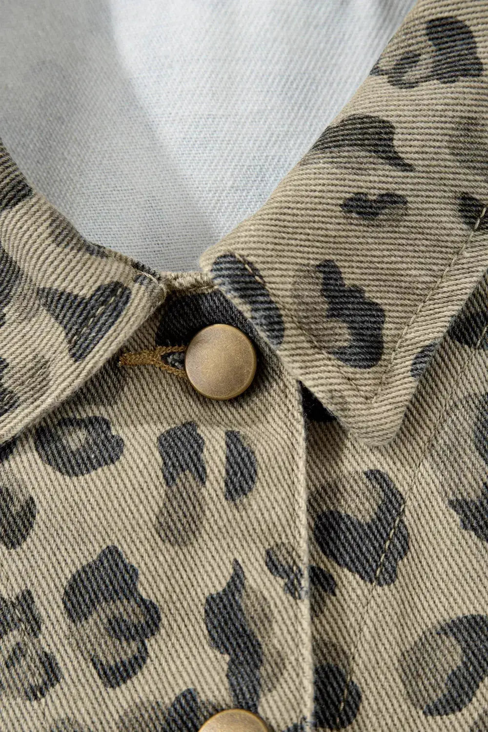 Leopard Print Denim Jacket by Trendsi, cotton blend, beige denim with black spots and brass buttons