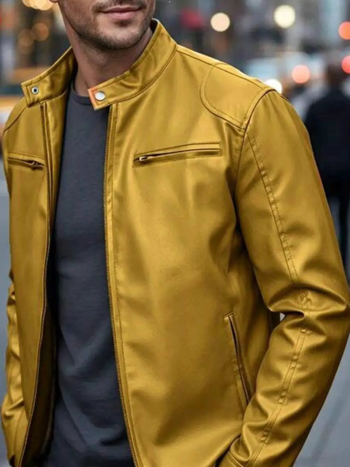 Men's faux leather bomber jacket in gold mustard with zip pockets, plus size by Trendsi.
