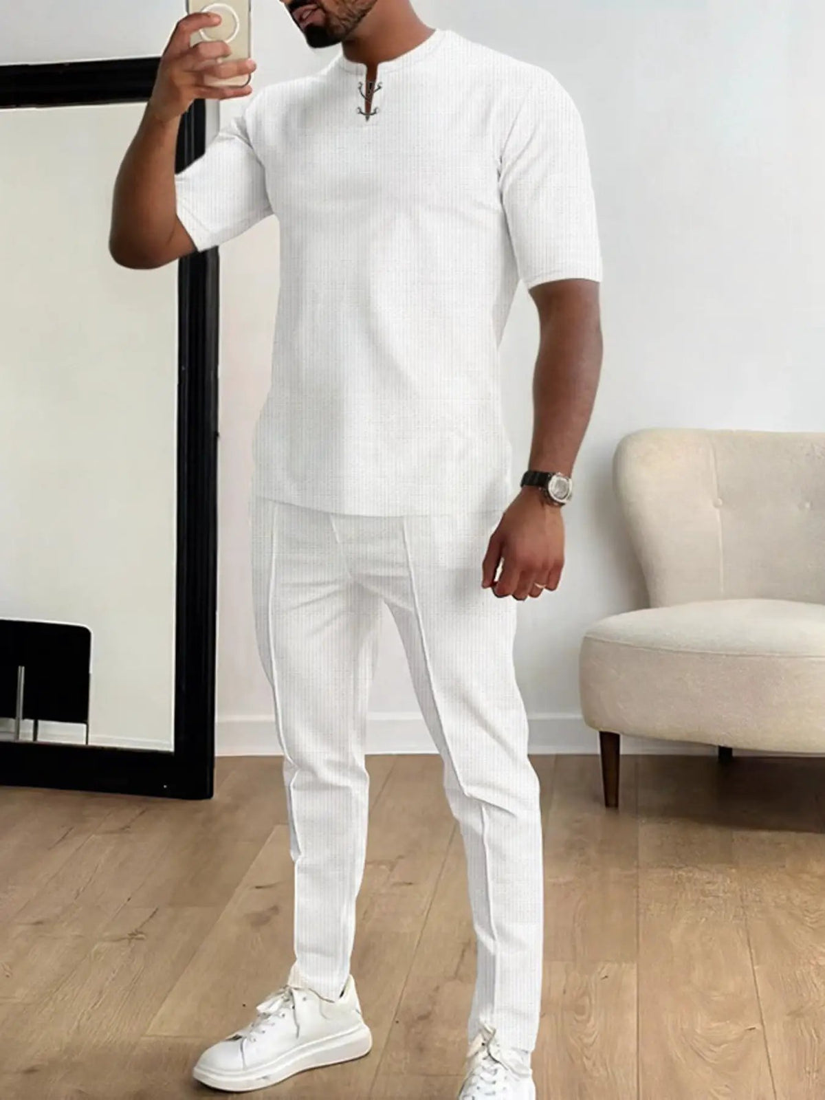 Mens casual white ribbed short-sleeve top and pants two-piece set, plus size, Trendsi