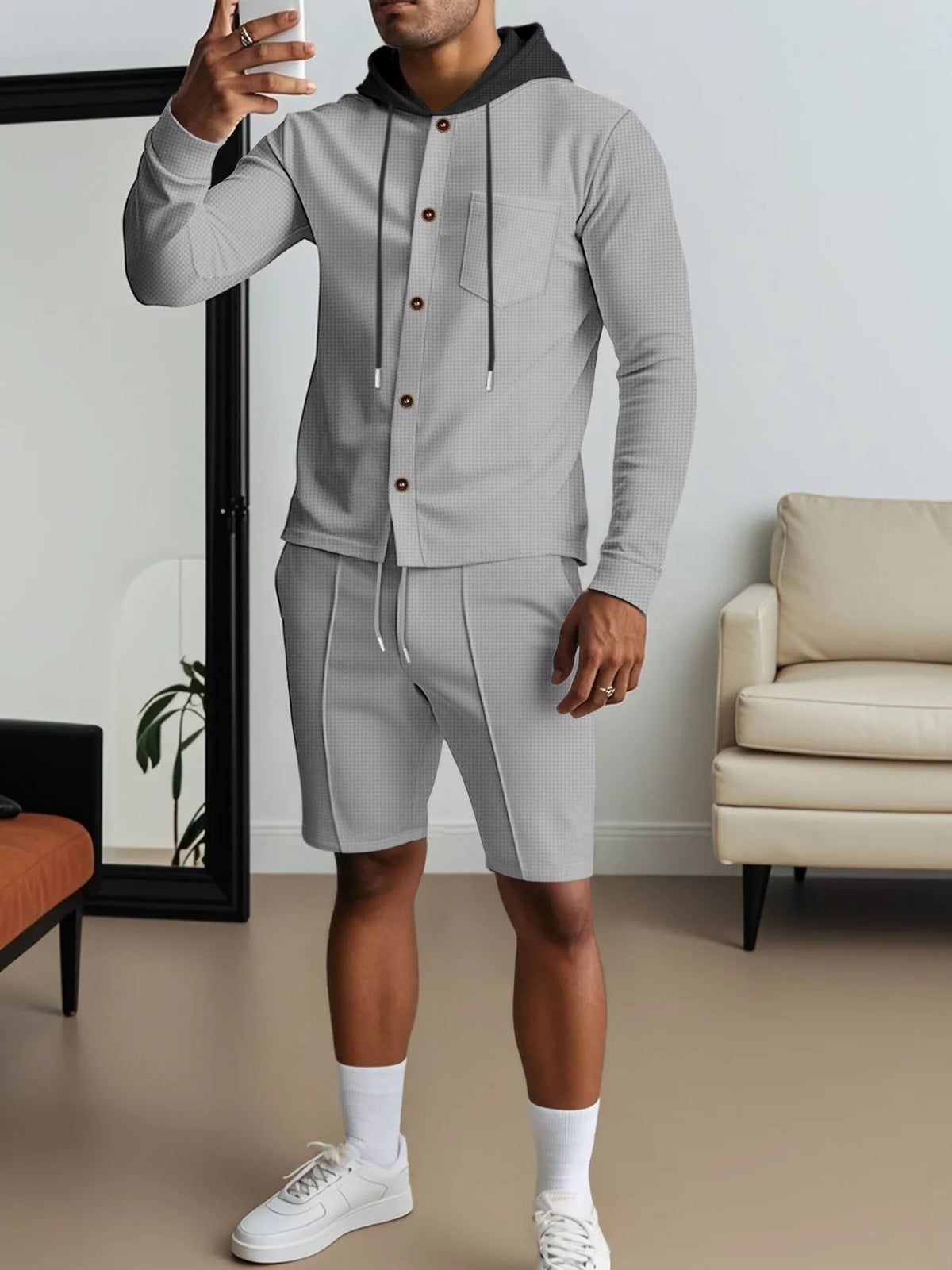 Men's plus-size gray checkered hooded button-up top and shorts 2-piece set
