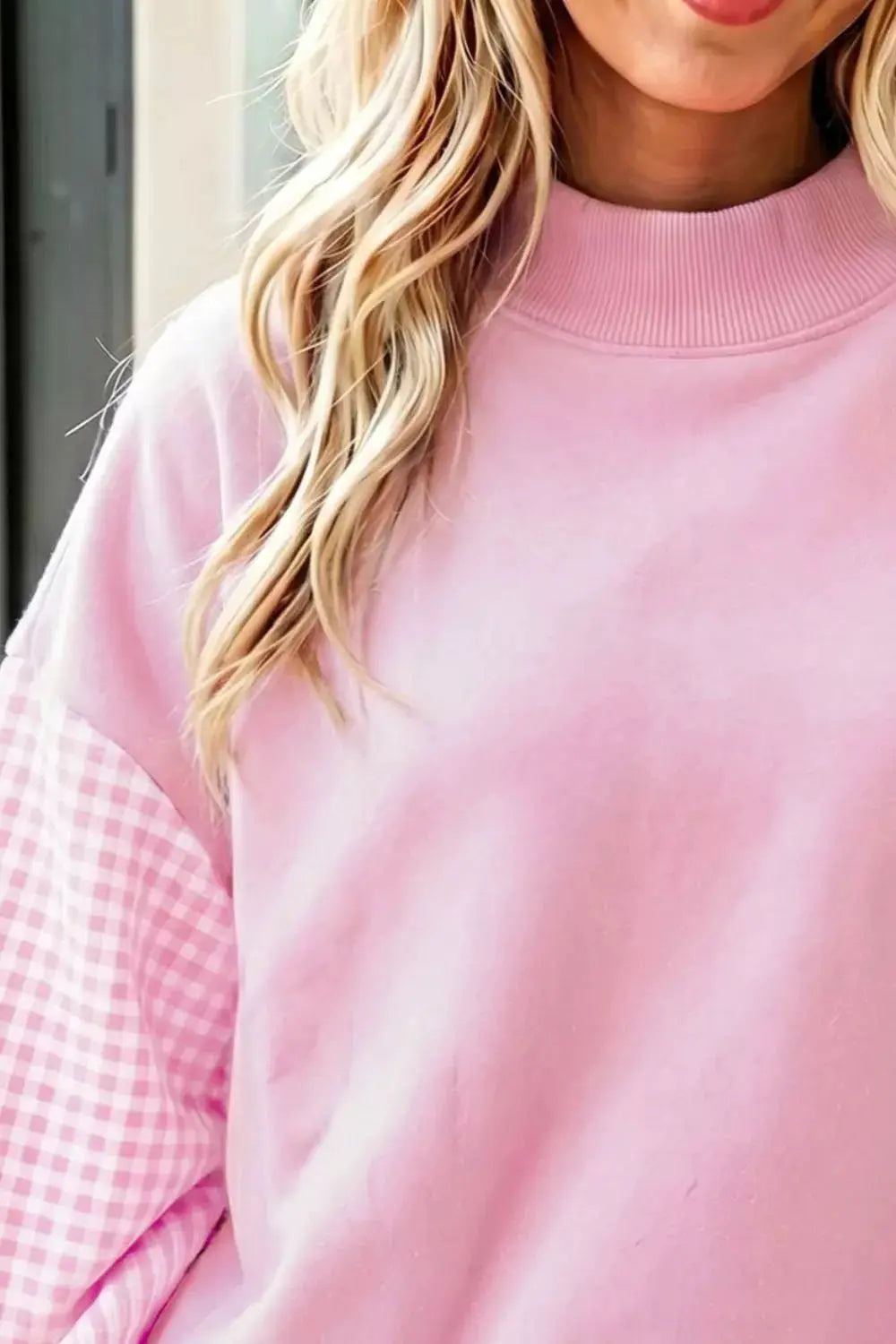 Plaid-sleeve colorblock loose tunic sweatshirt in pink with ribbed neckline