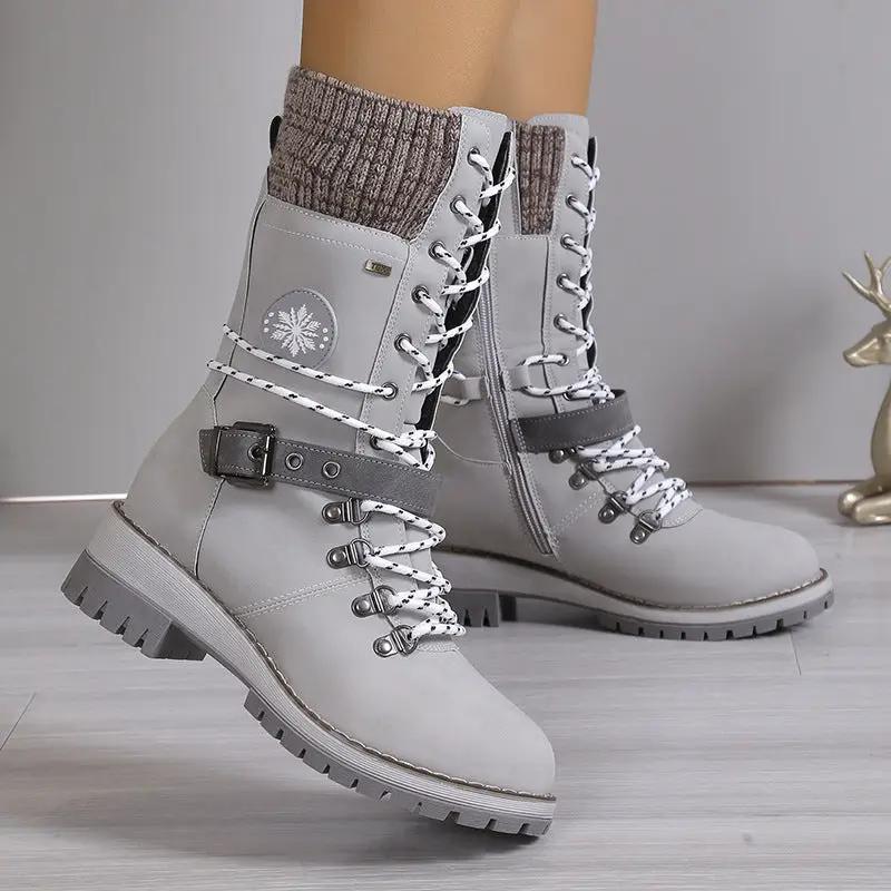 Fur-integrated women's knee-high snow boots, grey leather with knit fur cuffs by AdTec, pair