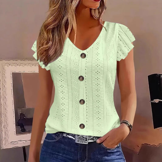 Camiseta de manga larga con cuello de pico y botones, jacquard de color liso