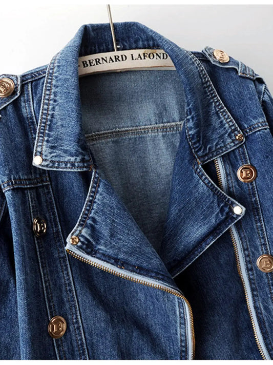 Asymmetrical zip front denim jacket on a Bernard Lafond hanger; blue wash, belted waist, gold-tone buttons