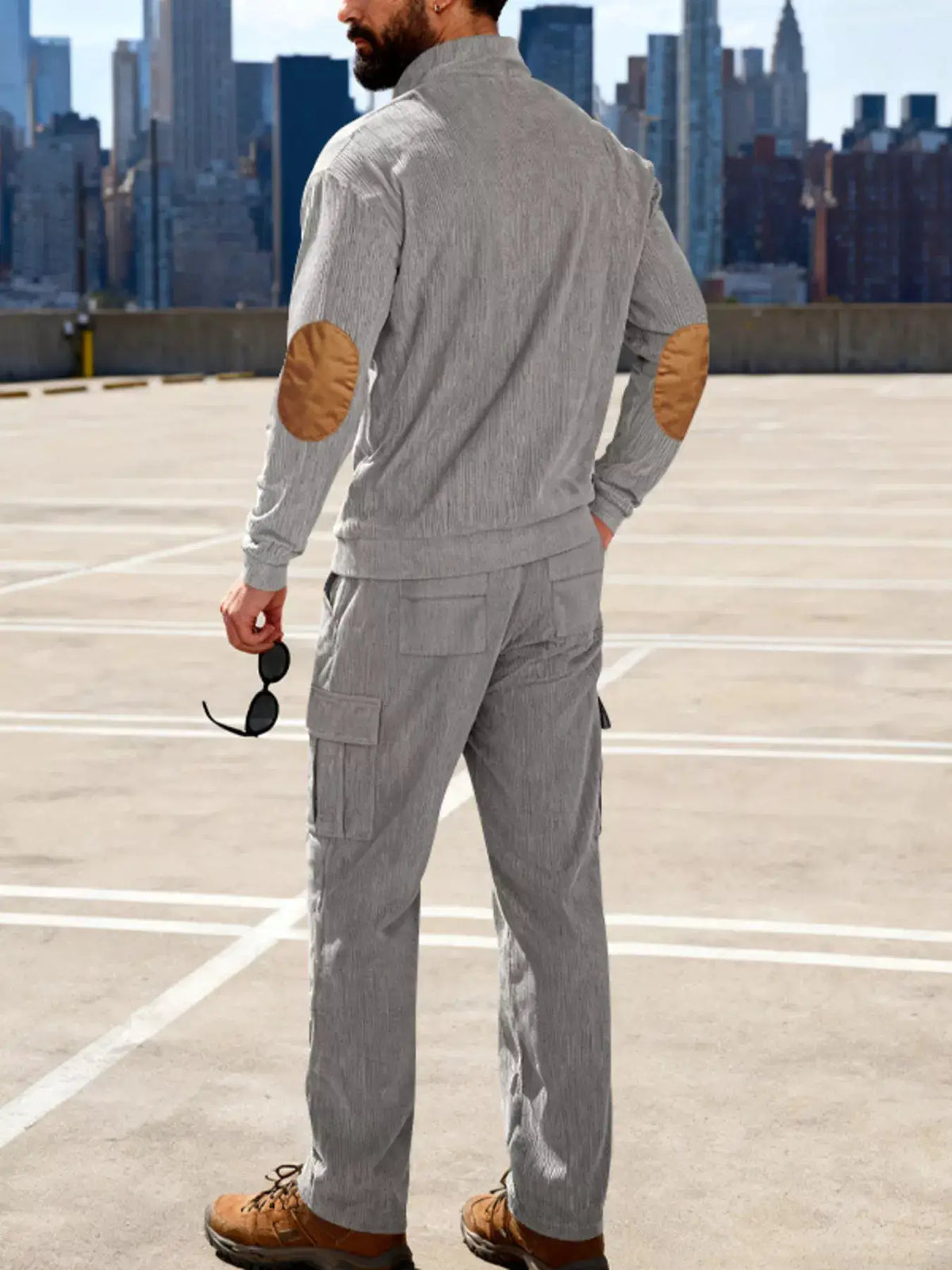 Mens casual matching long sleeve top and pants set in grey with tan elbow patches, plus size, by Trendsi
