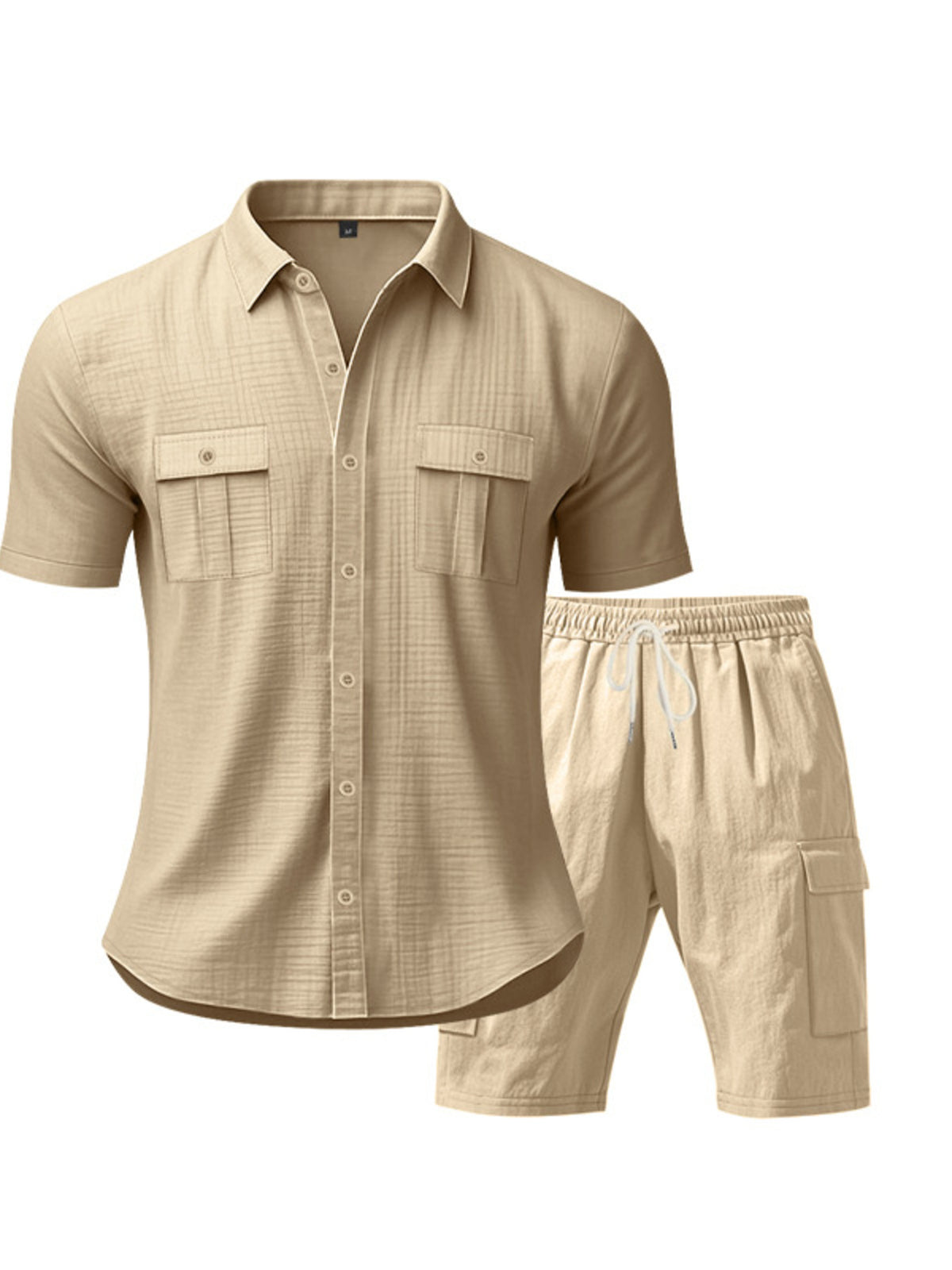 Trendsi men's plus-size beige two-piece button-up shirt and shorts set with chest pockets and drawstring shorts