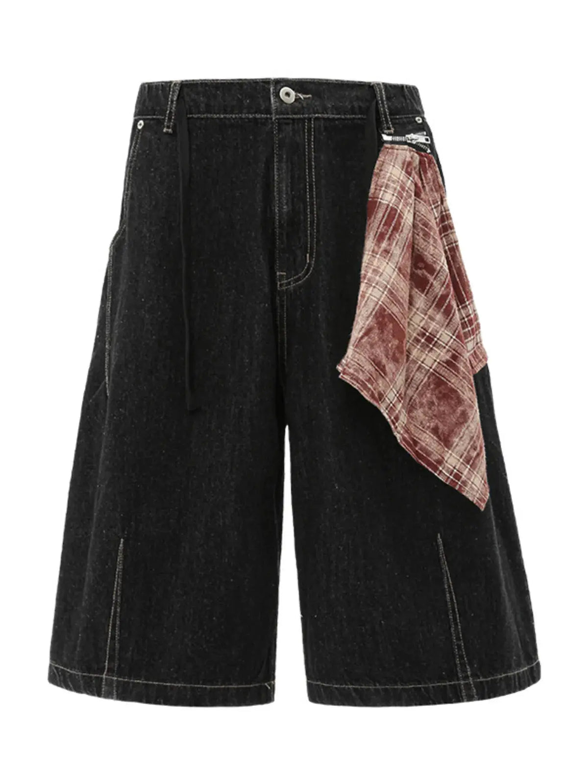 Casual men's wide-leg black denim shorts with white stitching and a red plaid fabric accessory at the waist Trendsi