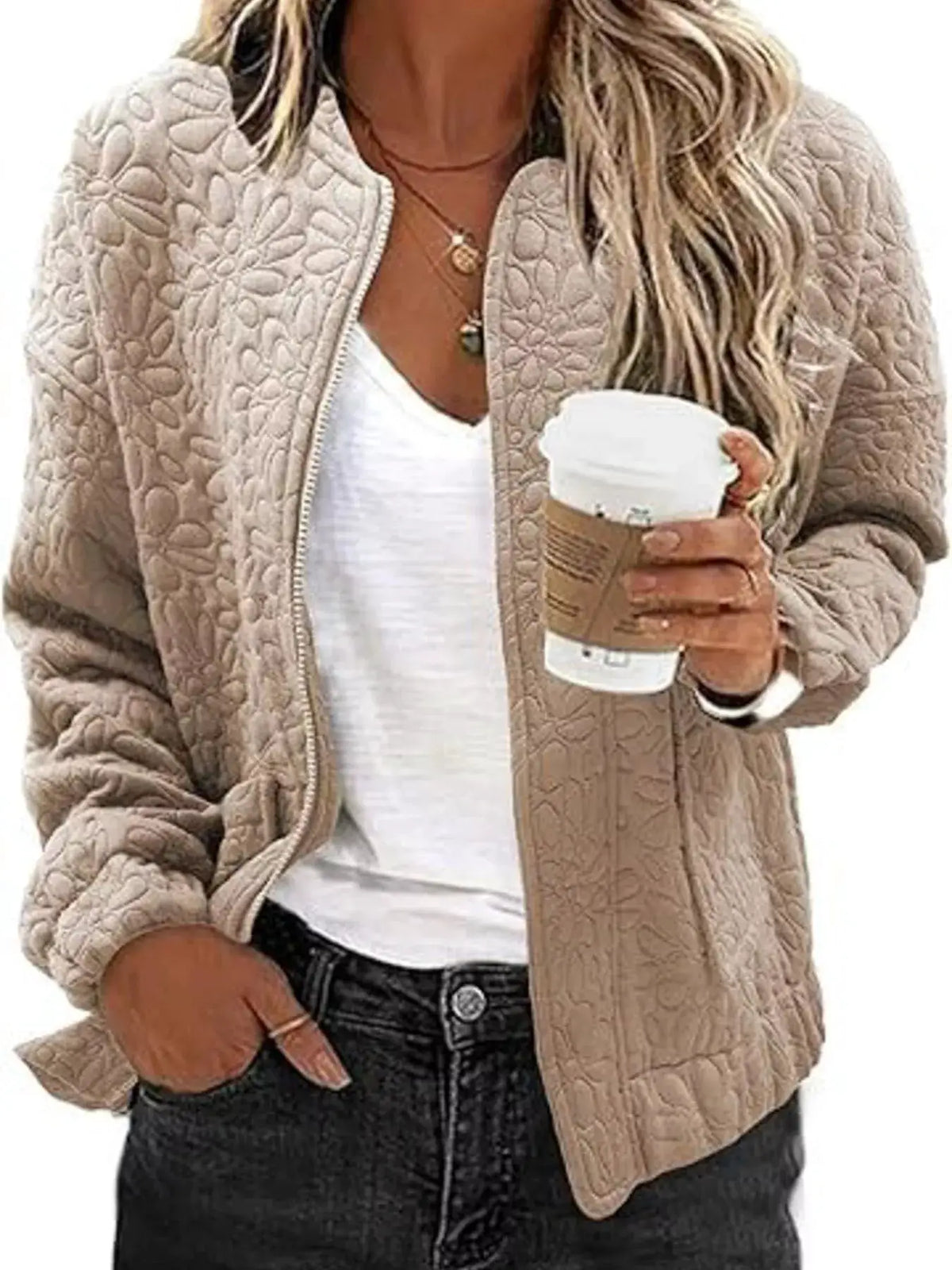 Premium Floral Quilted Lightweight Zip Up Jacket in beige with textured quilted pattern for daily wear