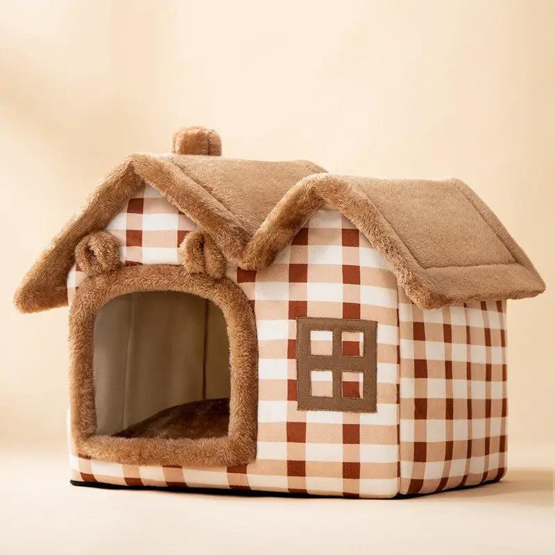 Foldable dog house bed in brown-and-white checkered fabric with plush brown trim and open front entrance.