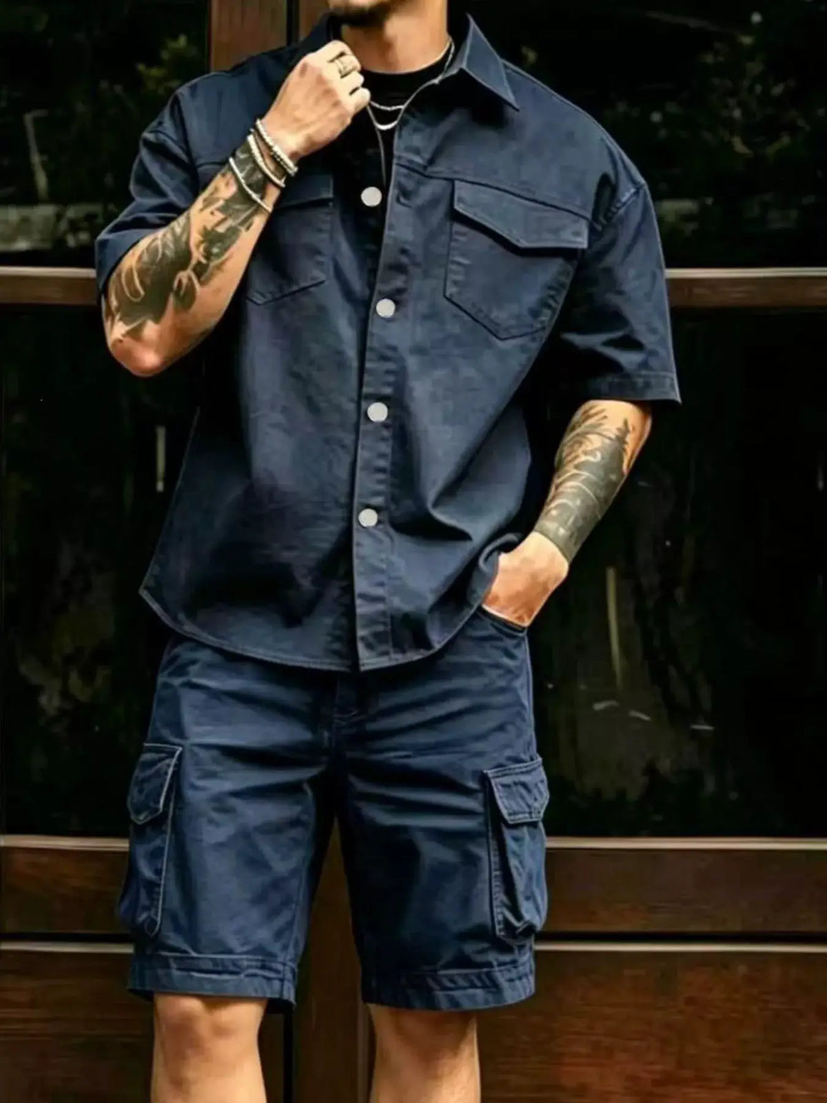 Trendsi men's plus-size cargo shirt and shorts set, navy with button-front closure and cargo pockets