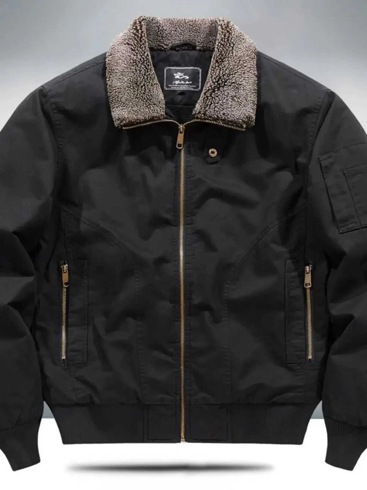 Men's plus-size sherpa-lined zip-up jacket by Trendsi, black with tan sherpa collar, brass zippers, front pockets