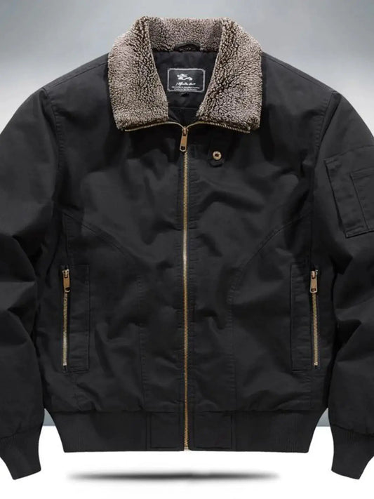 Men's plus-size sherpa-lined zip-up jacket by Trendsi, black with tan sherpa collar, brass zippers, front pockets