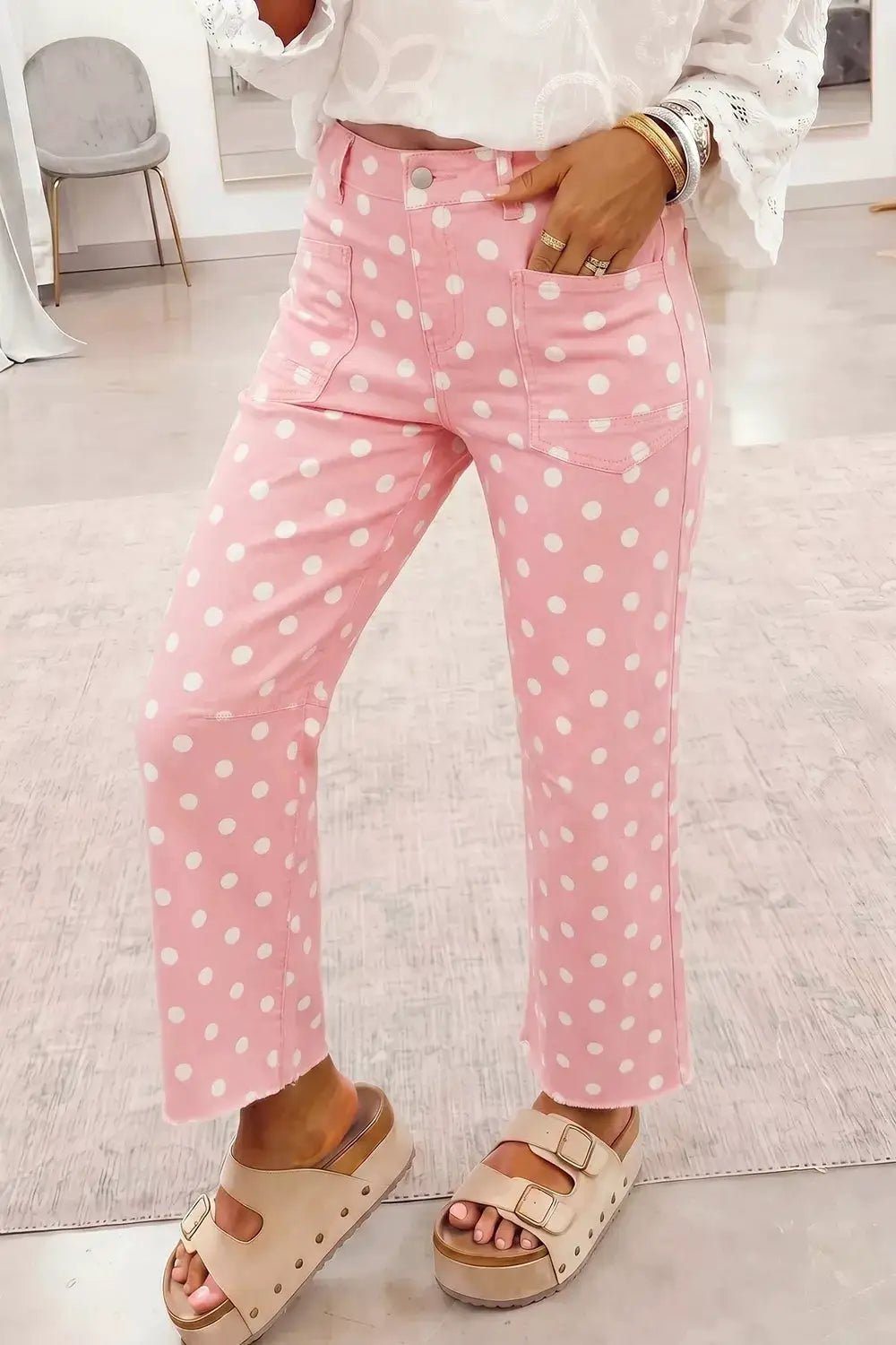 Polka Dot Wide Leg Jeans by Trendsi; pink denim with white polka dots and front pockets