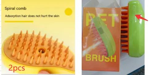 Pet grooming set with 2 orange spiral combs and a green PET brush