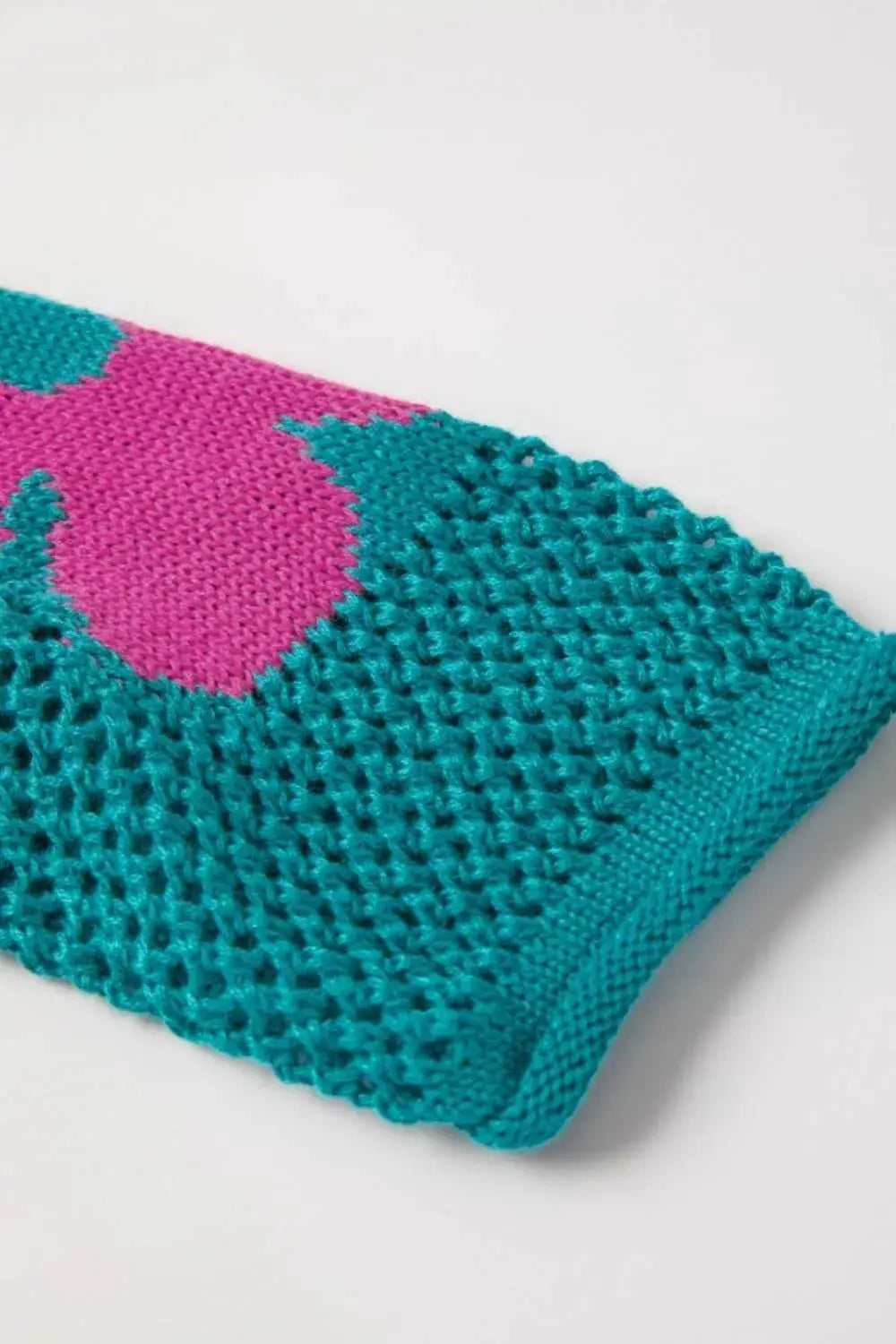 Lightweight openwork floral knit cover-up top, teal with pink flowers, round-neck, Trendsi