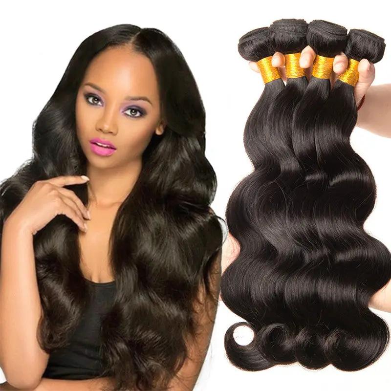 African Wigs Synthetic Hair Extensions Hair Bundles; long black wavy hair on model and 4 bundled wefts with gold bands.