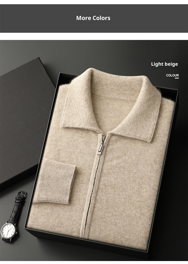 Men's solid-color warm knitted cardigan in light beige with zip front, AdTec